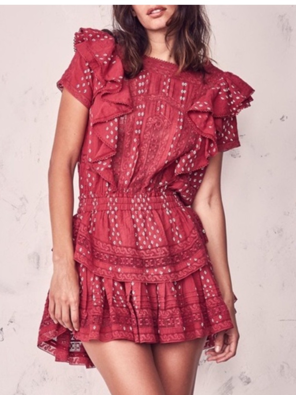 LoveShakeFancy Stella Dress Burgundy Red Ruffle Mini Lace Eyelet Dress Medium
